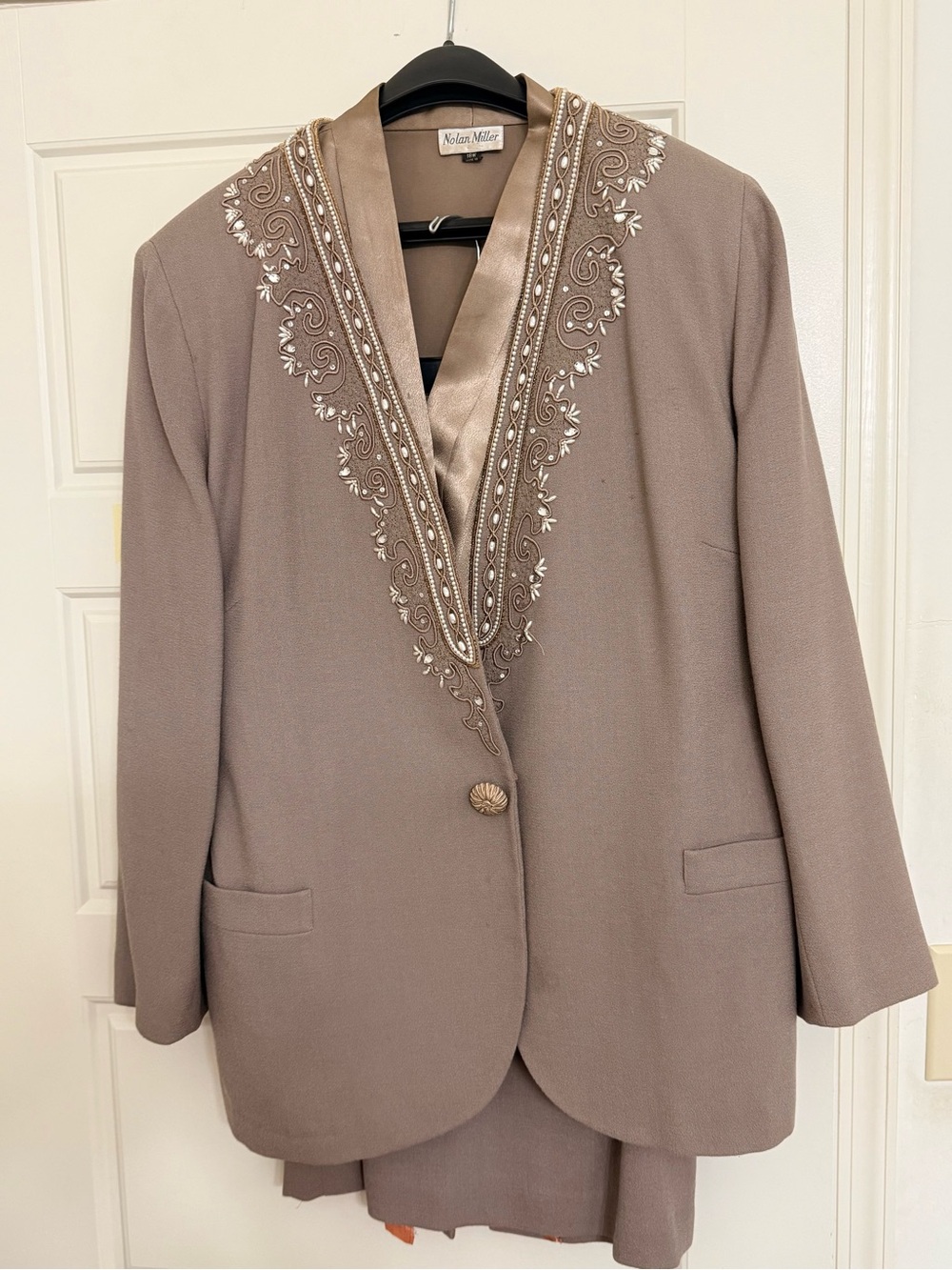 Nolan Miller Taupe Embellished Women's Blazer with Satin Trim